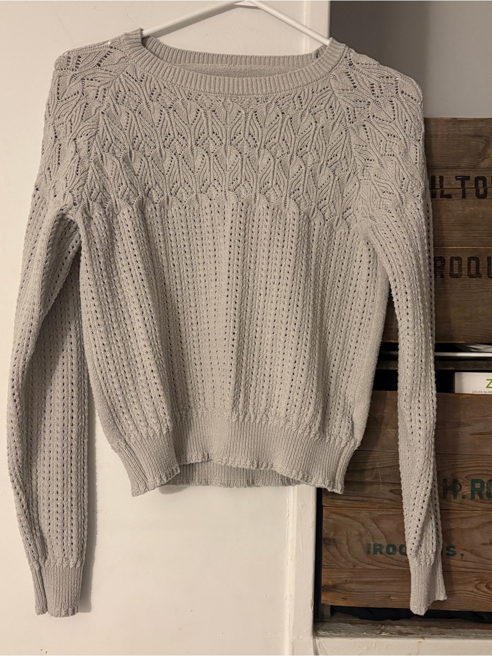 Light Gray Knit Sweater - Classic Cable and Pointelle Detail Size Small